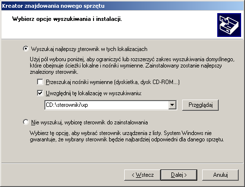 Następnie należy wskazać lokalizację sterowników.