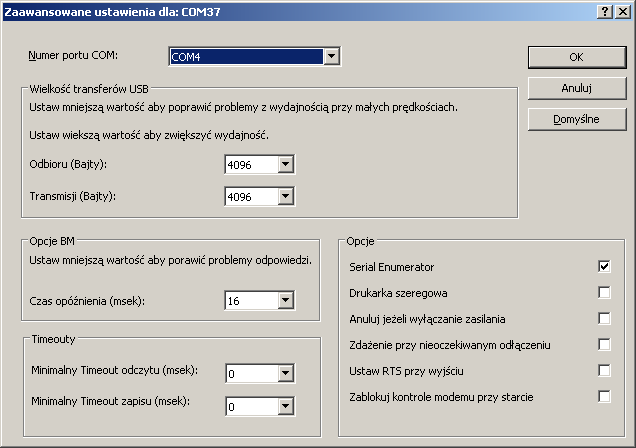 Chcąc zmienić numer COM-a otwieramy prawym przyciskiem myszy właściwości USB Serial Port-u. Przechodzimy do zakładki Ustawienia Portu' i naciskamy Zawansowane.