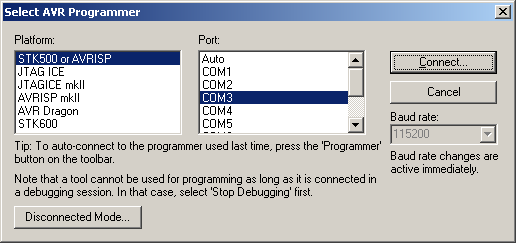 10. Konfiguracja oprogramowania 10.1 AVRISP (AVR Studio) Do programatora należy wgrać firmware STK500v2.