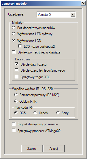 5. Sposób tworzenia urządzenia z wykorzystaniem VamsteraD utworzyć pogram w Vamgrafie wybierając jako typ Vamstera VamsteraD zaznaczyć używane moduły VamsteraD (np.