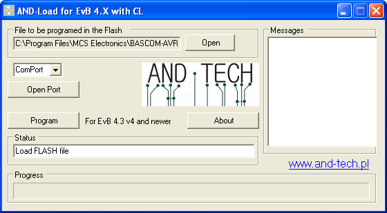 Intergracja zestawy EvB 5.1 ze środowiskiem BASCOM Ściągnij najnowszą wersję oprogramowania AND-Load v3.2 with CL ze strony http://and-tech.pl/evb4.3/and-load.