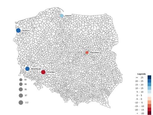 Przykładowo, można przedstawić wielkość sprzedaży w danej miejscowości jako wielkość bąbelka, a zysk jako jego kolor.