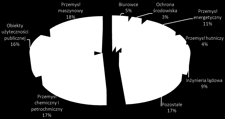 Inżynieria lądowa 17% Przemysł maszynowy 20% 2012 2013 Przemysł chemiczny i petrochmiczny 13% Przemysł energetyczny 16% Przemysł hutniczy 3% Obiekty użyteczności publicznej 15% Pozostałe 11% Ochrona