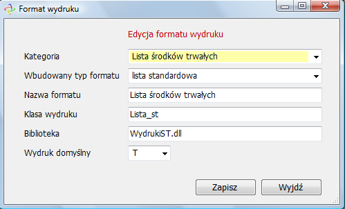 Definicje programu - Wydruki Definicje 13 Okno dodawania nowego formatu wydruku. Wywołanie okna jest także możliwe po naciśnięciu prawego przycisku myszy i wybranie opcji nowy format wydruku.