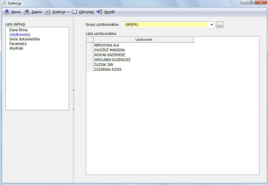 Definicje programu - Użytkownicy Definicje 8 2.1.2 Użytkownicy. Definiowanie użytkowników ma na celu ustalenie dostępu do poszczególnych funkcji programu oraz ma także charakter kontrolny.