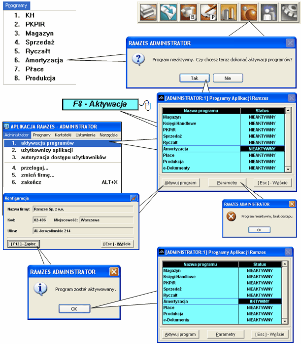 Uruchomienie programu Użycie przycisku 11 pozwoli na aktywację wskazanego programu. Po zatwierdzeniu program wyświetli okno potwierdzające dokonanie aktywacji. 2.