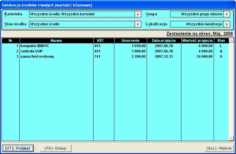 44 6.2 Raporty Ewidencja środków trwałych W Menu programu Raporty dostępny jest ewidencja srodków trwałych. Ewidencję ŚT można wykonać dla wartości na dany miesiąc.