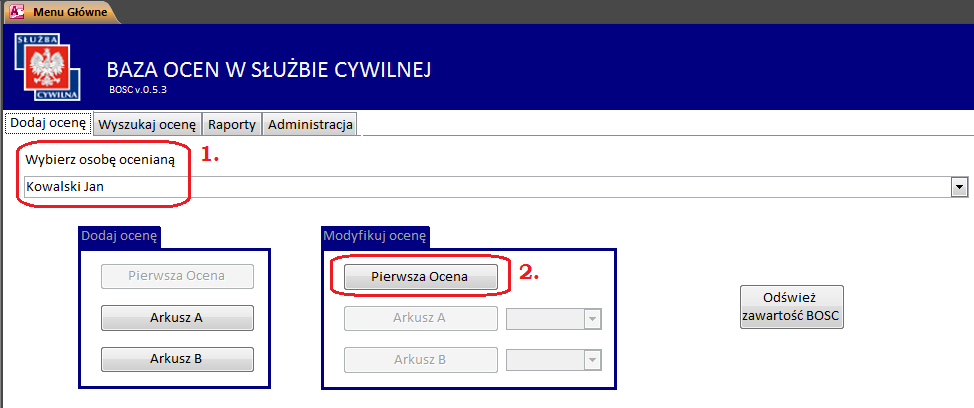 Po wypełnieniu danych w formularzu pierwszej oceny należy kliknąć przycisk dodaj (dane zapisują się do BOSC).