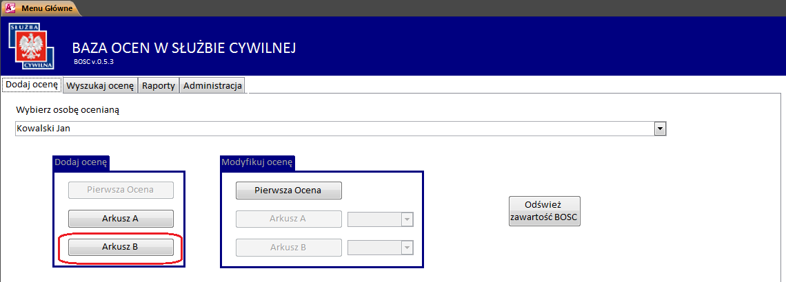 Na dole w stopce formularza podobnie jak w formularzu pierwszej oceny widoczne są przyciski Anuluj, Wczytaj z pliku oraz Zapisz lub Dodaj. 3.