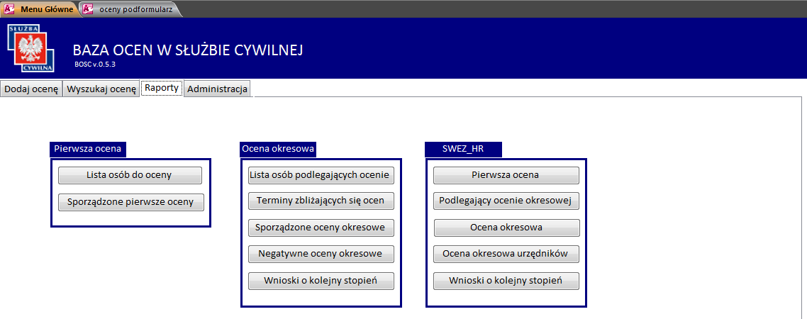 6. Raporty Raporty służą do podsumowywania i wyświetlania danych dotyczących ocen, które zostały wprowadzone do BOSC. Każdy raport można sformatować w sposób zwiększający czytelność danych.