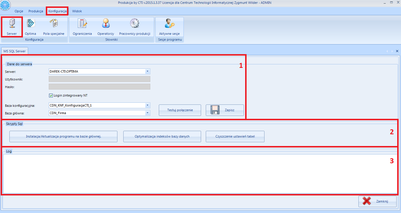7. Zakładka Konfiguracja 7.1. Serwer Zakładka Serwer jest podzielona na trzy części: 1. Dane do serwera więcej informacji w punkcie 4 (Nawiązanie połączenia z serwerem SQL oraz z programem Optima), 2.