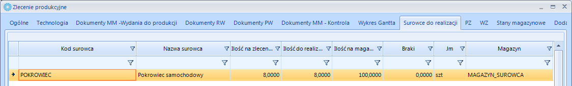 8.1.2. Historia surowca oraz wyrobu gotowego 8.1.2.1. Historia surowca z jednej dostawy Po przyjęciu surowca na magazyn, dokument przyjęcia (PW lub PZ) wraz z ilością surowca pojawia się na zakładce