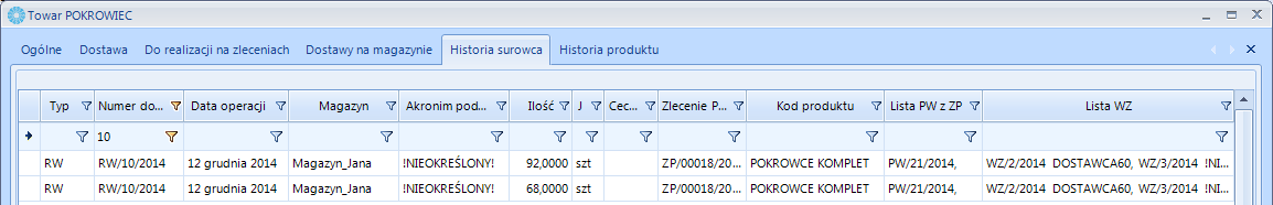 W szczegółach towaru, na zakładce Historia surowca widać z jakiego magazynu na jaki został przesunięty surowiec (w tym przypadku z MAGAZYN_SUROWCA na Magazyn_Jana).