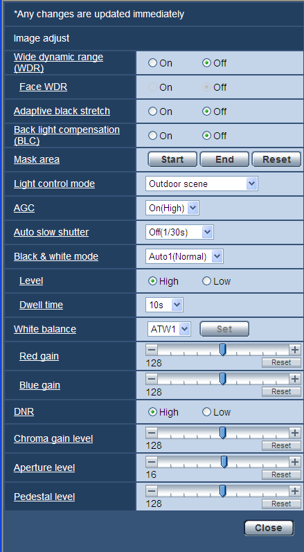 Konfigurowanie ustawień związanych z jakością obrazu (sekcja Image adjust (Regulacja obrazu)) Kliknąć przycisk [Setup >>] w pozycji Image adjust na karcie [Image/Privacy] na stronie Image/Audio ( str.