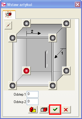 W celu potwierdzenia danych klikamy na zielony haczyk i szafka zostanie wstawiona. Szafka zostanie wstawiona wraz ze wszystkimi szczegółami, tzn. z okuciami i nawierceniami.