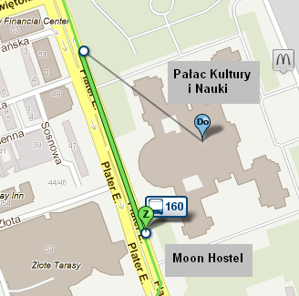 Dojazd komunikacją z Moon Hostel do Pałacu Kultury: z Hostelu należy udad się pieszo na przystanek autobusowy- Dworzec Centralny, wsiąśd w autobus linii 160 lub