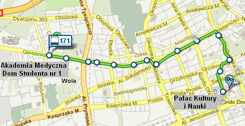 Następnie należy poczekad na autobus linii 171 (kierunek Torwar) i wysiąśd z niego na 2. przystanku- Emilii Plater. Potem trzeba przejśd pieszo ok. 170 m w linii prostej, w kierunku Pałacu Kultury. 2. Akademia Medyczna Dom Studenta nr 1 ul.