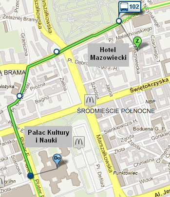 należy przejśd pieszo ok. 220 metrów w linii prostej, aby znaleźd się w Hotelu Mazowieckim.