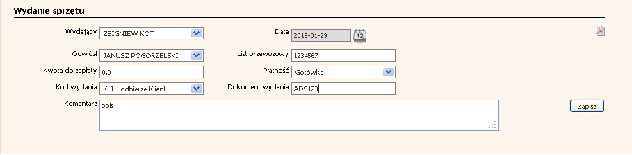 3.19 Całość należy zapisać klikając na opcję Zapisz. System zarejestruje zdarzenie w systemie i przekieruje na zakładkę Kurier otwierając okno w trybie gotowości do rejestracji usługi przewozu. 3.