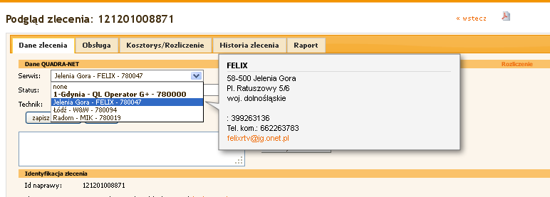 Dane z szarego pola zostaną przepisane do części Dane serwisu. 2.4 W polu nr zlecenia należy podać kolejny Nr zlecenia w serwisie.