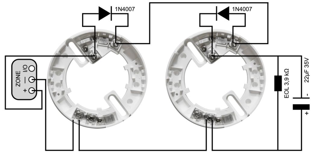 Dla urządzeń SAREME Rysunek 15 - Podłączenie detektorów z użyciem diod Jeśli detektory i przyciski zostaną podłączone tak jak na rysunku 15 oraz zostanie włączona funkcja Brak