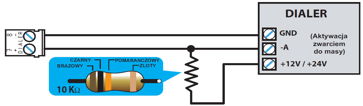 Rysunek 22 - Podłączenie dialera Podłącz dialer telefoniczny jak na rysunku powyżej. Rezystor 10 k służy do nadzorowania połączenia centrala-dialer.