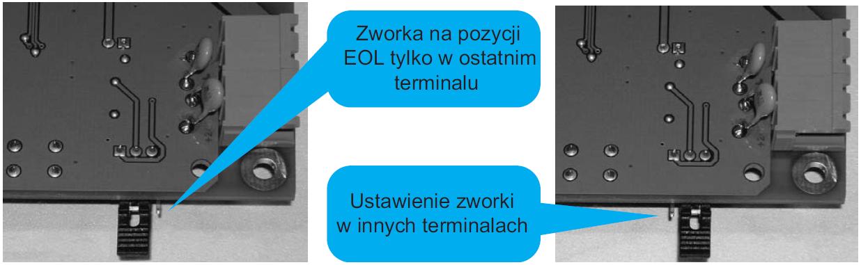 Rysunek 24 - Mikroprzełączniki adresu Uwaga: Zabronione są ustawienia mikroprzełączników inne niż ujęte w tabeli powyżej. 2. Zworka EOL powinna być założona na pozycji EOL tylko w ostatnim terminalu na linii.