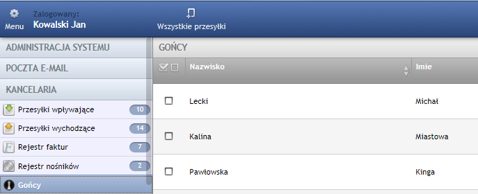 Rysunek 115 Gońcy fragment menu górne Skrytka nadawcy: należy wybrać z listy rozwijanej skrytkę nadawcy. Dodawanie nowej skrytki zostało opisane w Rozdziale 4.1.1. Skrytka interesanta: należy wybrać z listy rozwijanej skrytkę interesanta.