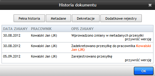 dokument, aby zobaczyć jego historię. Następnie otworzy się okno Szczegóły dokumentu, gdzie należy wybrać przycisk Historia (Rysunek 152).