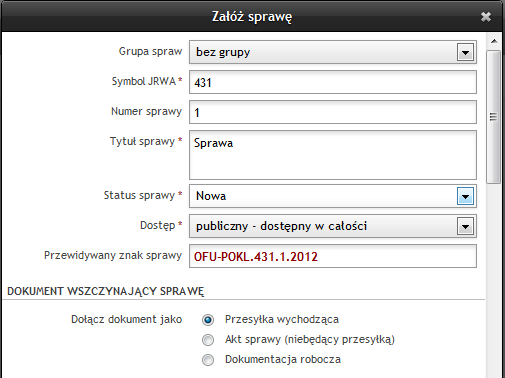 Następnie należy przy poleceniu Dołącz dokument jako : wybrać opcję Przesyłka wychodząca poprzez zaznaczenie pola checkbox (Rysunek 167).