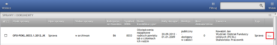 14.4. Złożenie wniosku o udostępnienie sprawy z archiwum Aby złożyć wniosek o udostępnienie sprawy z należy wybrać Archiwum w menu zakładkę Udostępnianie, sekcję Lista spraw i dokumentów, a następnie