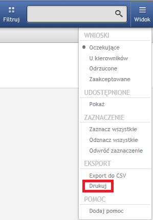 Rysunek 325 Drukowanie rejestrów Menu Widok 15. Moduł Workflow 15.1. Administracja modułem 15.1.1. Usuwanie modułu Moduł można usunąć za pomocą Narzędzia Aktualizacyjnego, w sekcji Wyłączanie modułów za pomocą opcji Workflow.