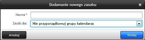 Przeglądaj przy polu Zasoby kalendarza. Zostanie wyświetlony formularz Zasoby kalendarza (Rysunek 24), gdzie należy wybrać przycisk Dodaj.