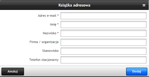 Rysunek 93 Książka adresowa fragment menu górne Zostanie wyświetlony formularz Książka adresowa (Rysunek 94), gdzie należy uzupełnić pola, w szczególności te wymagane oznaczone *.