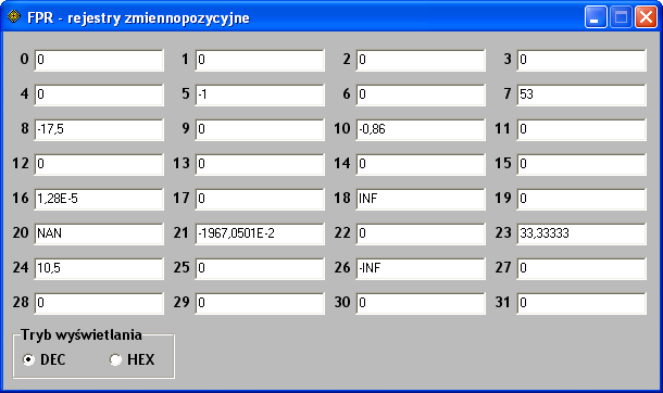 2.4. Formularz FPR Formularz FPR wyświetlany jest po naciśnięciu przycisku FPR z menu Rejestry. Jego najważniejszym elementem są 32 pola edycji, które przedstawiają stan rejestrów FPR (FPR0 FPR31).