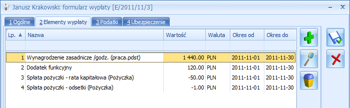 11.2.2 Zakładka Elementy wypłaty Na pełną wypłatę pracownika składają się wypłaty pojedynczych elementów (wynagrodzenia zasadnicze, premia uznaniowa, dopłata za pracę w nocy,...). Rys 88.