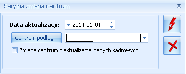 Można dokonać wyboru, czy zmiana centrum ma być odnotowana jako zapis aktualizujący dane kadrowe, czy nie.