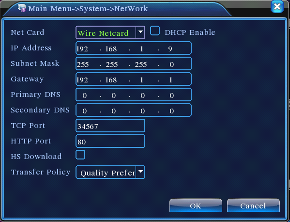 1.5 Sieć LAN Zakładka Menu System Sieć pozwala na ustawienie adresu portu LAN za pomocą którego podłączamy rejestrator do sieci. IP address: adres IP rejestratora, domyślny 192.168.1.9 Maska podsieci: maska podsieci, domyślna 255.