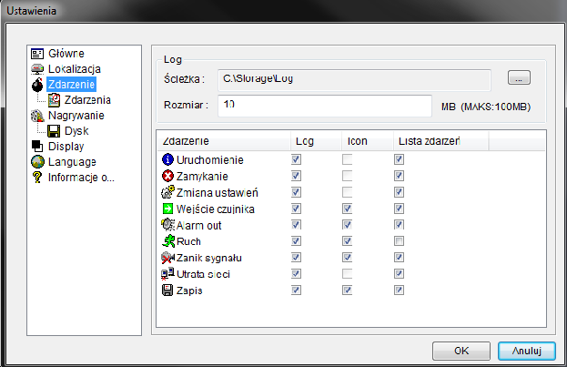 Ustawienia zdarzeń (Event) Możliwy jest zapis na dysk plków logów z informacjami o zaistniałych zdarzeniach.