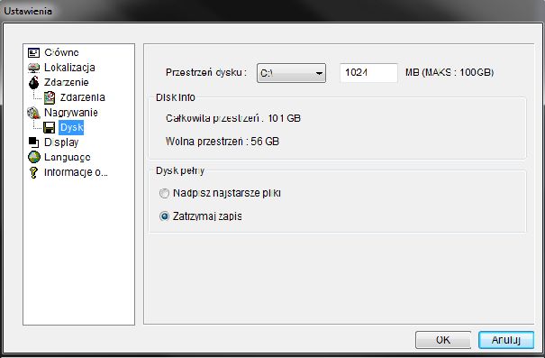 W ustawieniach dysku (Disk) można wybrać dysk i ilość miejsca (disk space) jaka zostanie przypisana do programu na