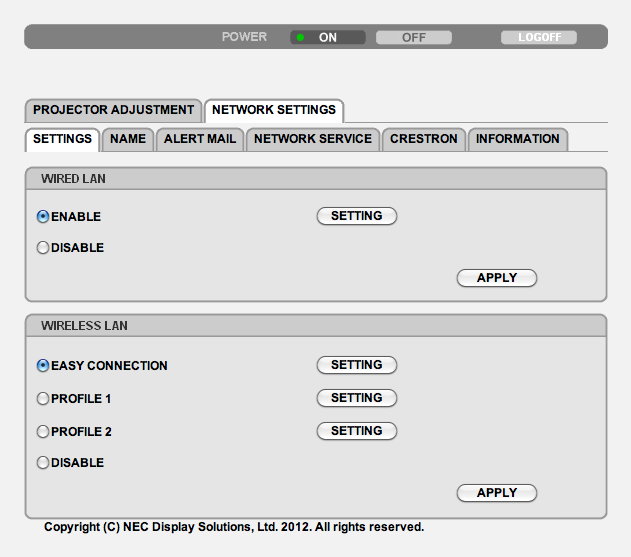 3. Przydatne funkcje NETWORK SETTINGS (Ustawienia sieciowe) SETTINGS (Ustawienia) WIRED (Przewodowe) lub WIRELESS (Bezprzewodowe) SETTING (Ustawienie) APPLY (Zastosuj) DHCP ON (DHCP wł.