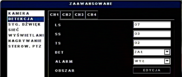 4.3 Ustawienia detekcji Do zmiany parametrów detekcji służy okno DETEKCJA dostępne po wybraniu pola DETEKCJA w zakładce ZAAWANSOWANE.