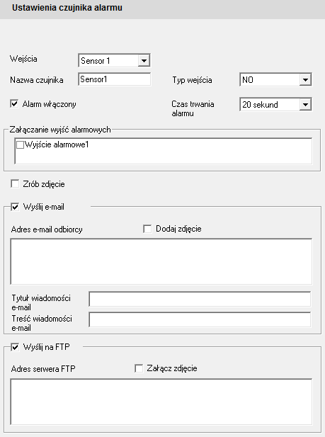 Kamery IP serii NVIP-3000 4MPX Instrukcja obsługi INTERFEJS WWW - PRACA Z KAMERĄ 3.8.4 Akcje alarmowe Należy przejść do Alarm -> Akcje alarmowe. 1.