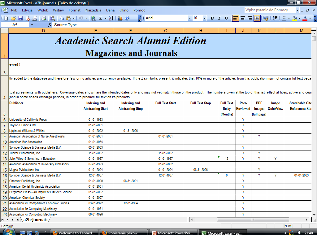 W BAZIE ACADEMIC SEARCH COMPLETE NIE WSZYSTKIE ARTYKUŁY SĄ DOSTĘPNE Z PEŁNYMI TEKSTAMI MOŻNA TO SPRAWDZIĆ W