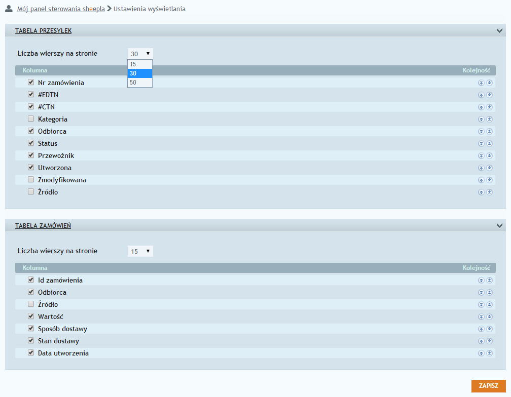 3.8 Ustawienia wyświetlania Zakładka Ustawienia wyświetlania pozwala na konfigurację widoku tabeli przesyłek i zamówień.
