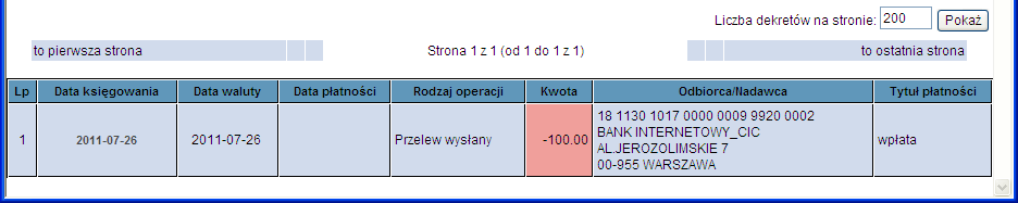 Rysunek 20 Fragment ekranu Stan rachunku Przykład 1: Na poniższym ekranie liczba ustawionych dekretów na stronie to 20. W operacjach bieżących są tylko 4 dekrety.