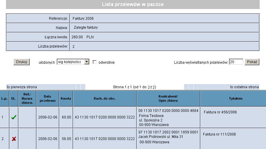 przejrzeć Listę przelewów w paczce.