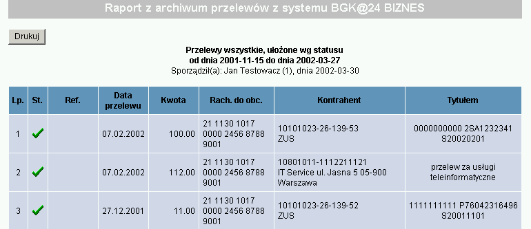 Rysunek 85 Fragment ekranu Raport z archiwum przelewów Help Desk BGK tel.