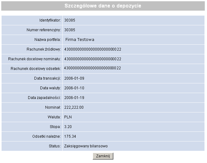 Rysunek 115 Ekran Szczegółowe dane o depozycie Dla bonów i obligacji przedstawiana jest aktualna wartość portfela danego typu papierów wartościowych.