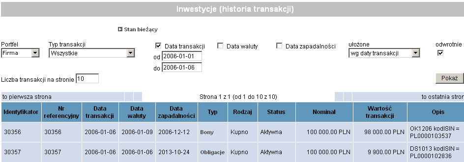 Rysunek 117 Fragment ekranu Inwestycje (historia transakcji) Lista transakcji zawiera następujące kolumny: identyfikator, numer referencyjny transakcji, data transakcji, data waluty, data